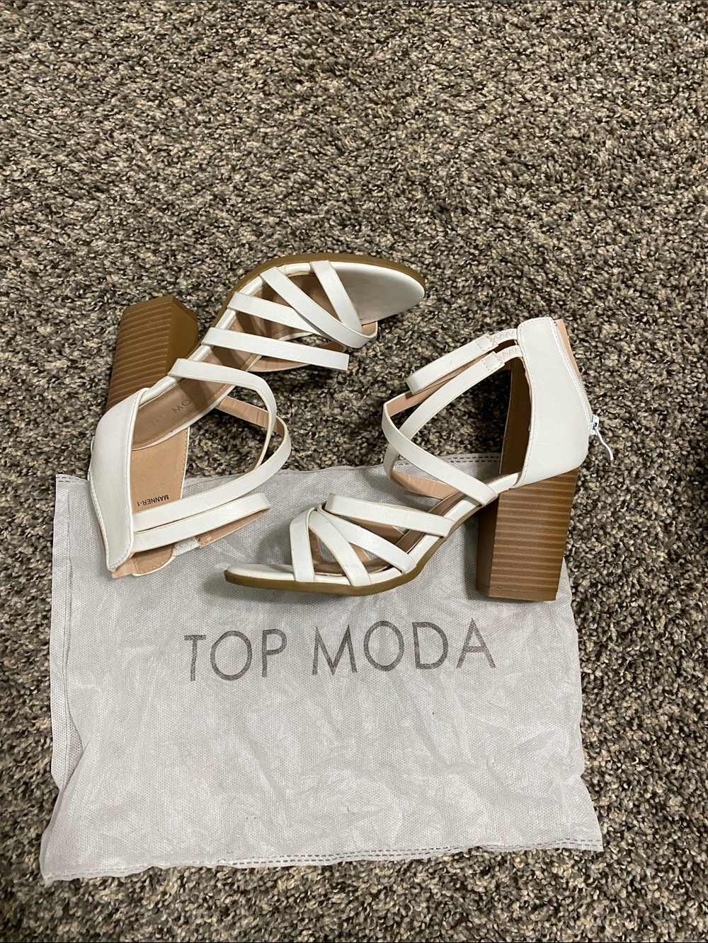 TOP Moda White Strappy Block Heel Sandals with Tan Wood-Effect Heel